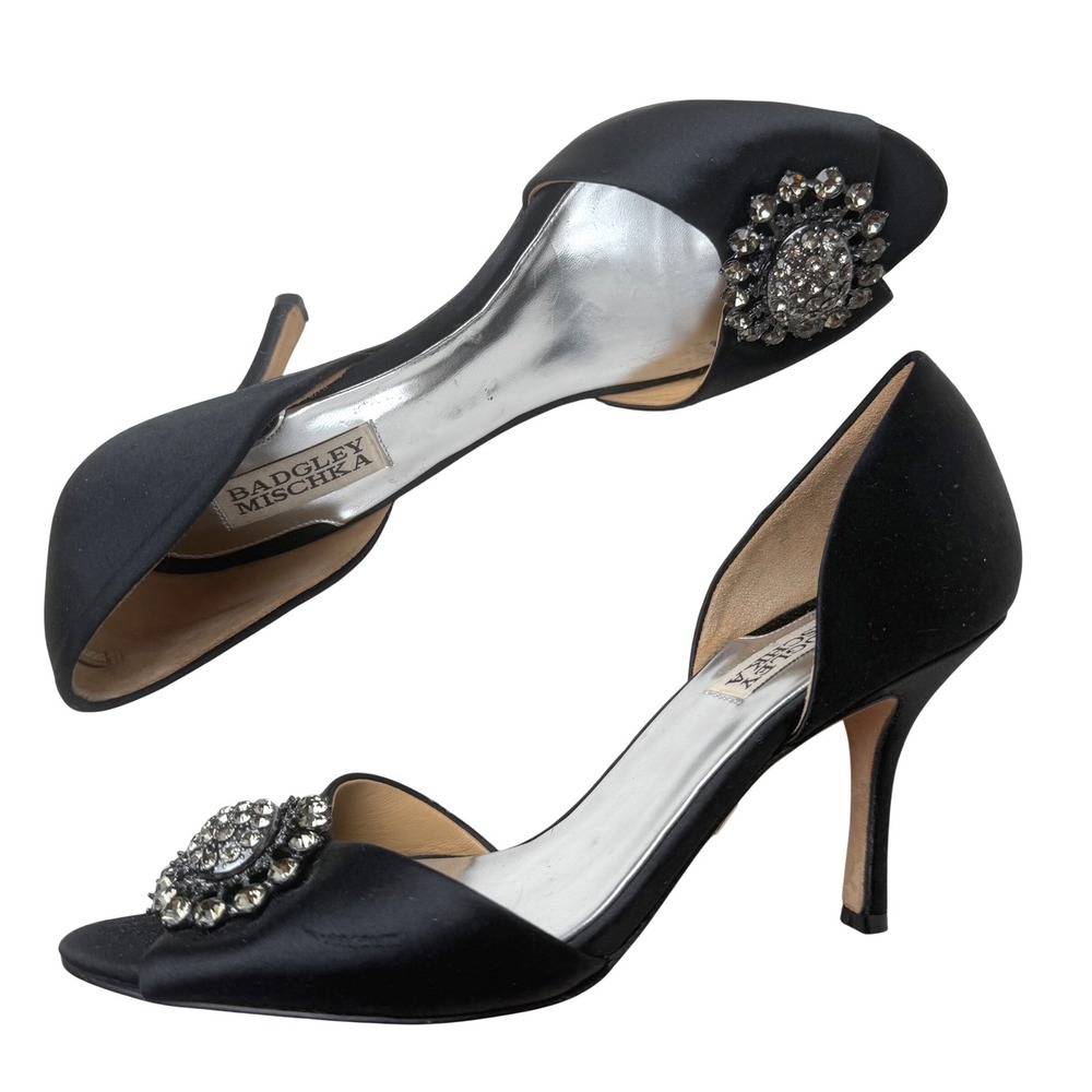 Badgley Mischka Black Satin Crystal Brooch D'Orsay Heels Wedding Blingcore 8M